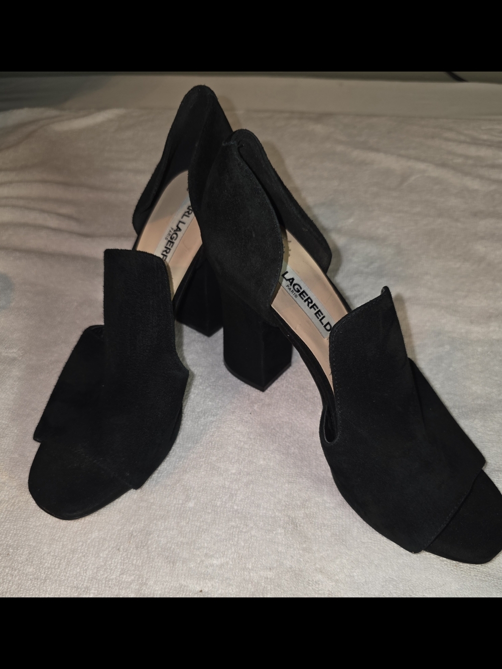 Karl Lagerfeld Paris Rian Black Suede Peep Toe Block Heels Size 6.5